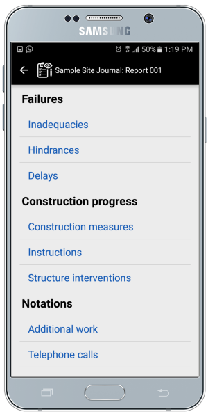 Menu des rapports du journal de chantier pour iOS