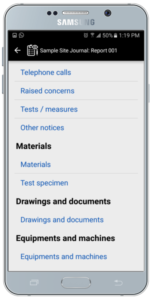 Menu des rapports de l'application journal de chantier