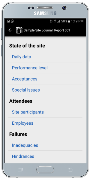 Site Journal for Android reports menu